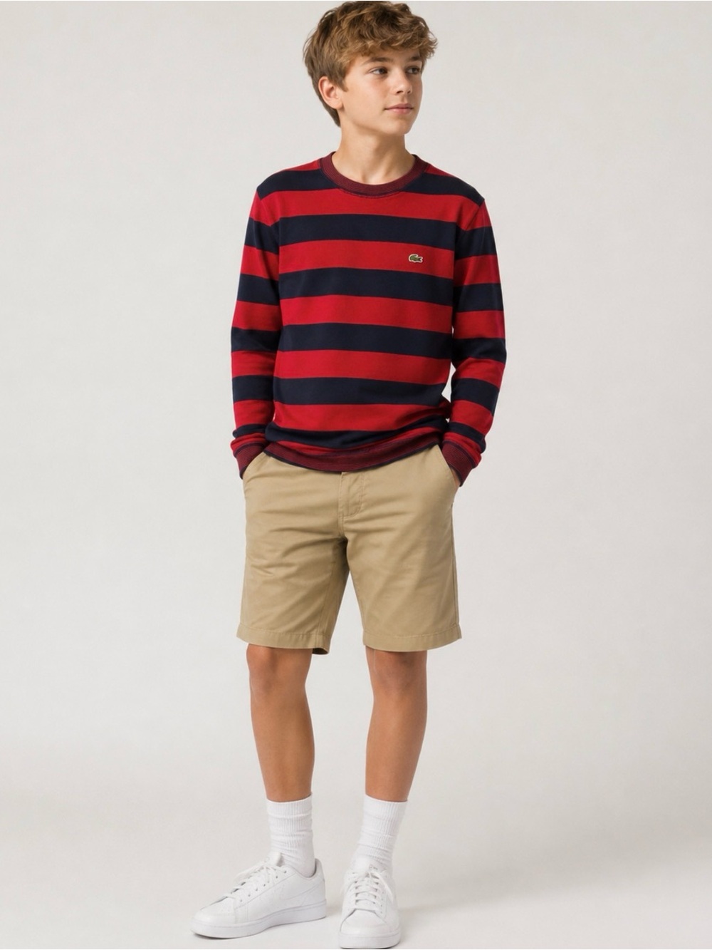 Lacoste -Youth boys striped navy & red 100% cotton sweater top elbow patch SZ 14